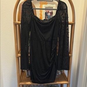 Lulu's Flirty Luxury Black Mesh Pearl  Dress